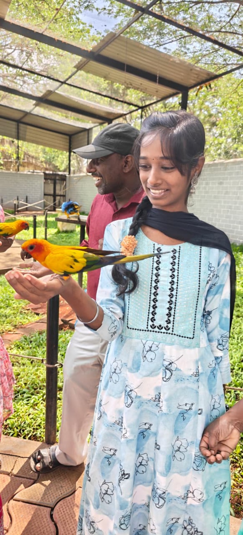A vision-disabled student from Thaaikarangal Charitable Trust smiles as a colorful sun conure perches on her hand during the field trip. Fellow participants nearby also interact with birds, creating a joyful atmosphere as students experienced the birds through touch, sound, and close companionship, fostering confidence and a deeper connection with nature. A vision-disabled student from Thaaikarangal Charitable Trust smiles as a colorful sun conure perches on her hand during the field trip. Fellow participants nearby also interact with birds, creating a joyful atmosphere as students experienced the birds through touch, sound, and close companionship, fostering confidence and a deeper connection with nature.