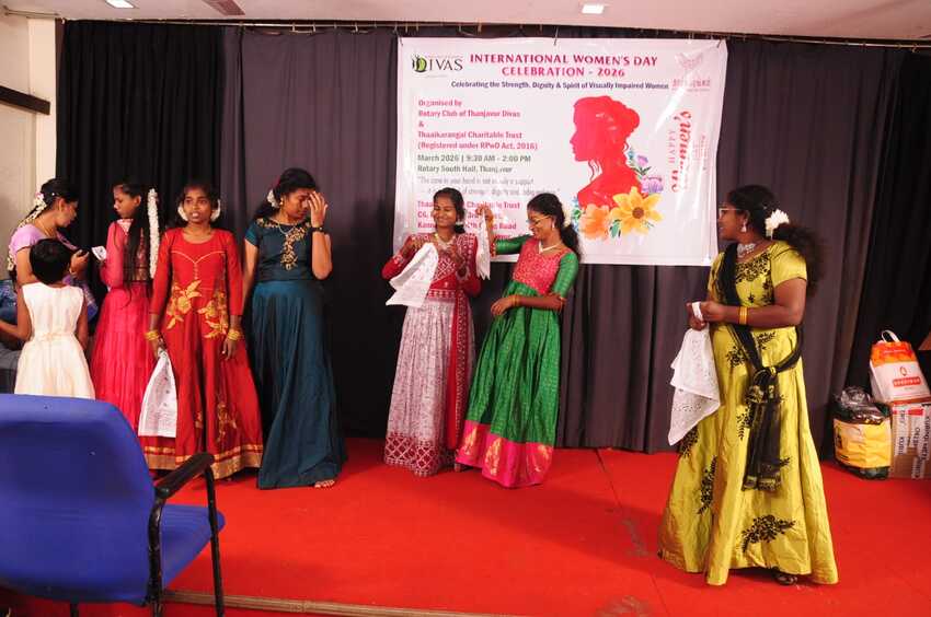 Visually impaired participants taking part in a group activity on stage during the International Women’s Day Celebration 2026, highlighting engagement, confidence, and inclusive participation Visually impaired participants taking part in a group activity on stage during the International Women’s Day Celebration 2026, highlighting engagement, confidence, and inclusive participation