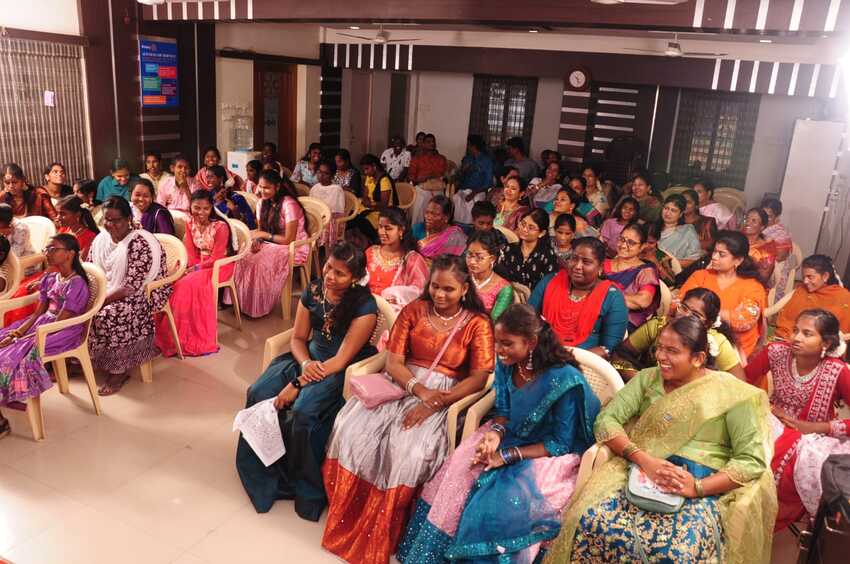 Audience of visually impaired women and students actively participating and enjoying the International Women’s Day Celebration 2026 in Thanjavur, highlighting inclusion, confidence, and community engagement Audience of visually impaired women and students actively participating and enjoying the International Women’s Day Celebration 2026 in Thanjavur, highlighting inclusion, confidence, and community engagement