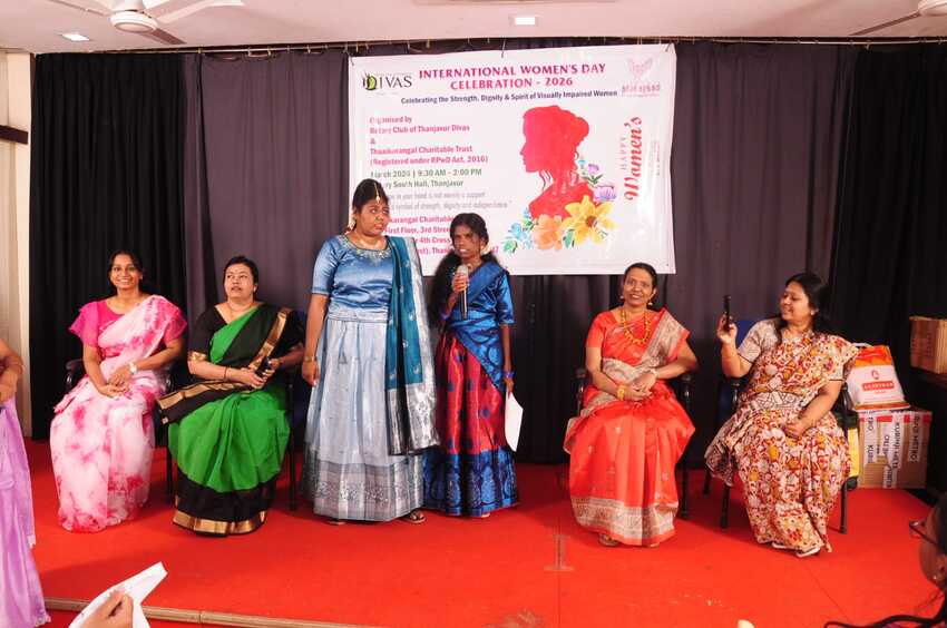 Visually impaired women speaking on stage with guests seated during the International Women’s Day Celebration 2026, highlighting empowerment, recognition, and inclusion Visually impaired women speaking on stage with guests seated during the International Women’s Day Celebration 2026, highlighting empowerment, recognition, and inclusion
