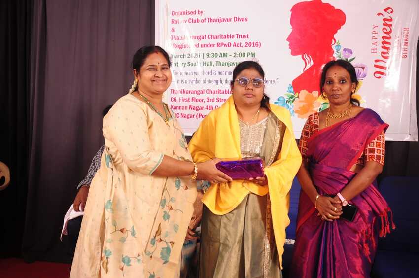 Guest being honoured on stage during the International Women’s Day Celebration 2026 in Thanjavur, organised by Thaaikarangal Charitable Trust with Rotary Club of Thanjavur Divas, recognising contributions towards empowering visually impaired women and promoting inclusion Guest being honoured on stage during the International Women’s Day Celebration 2026 in Thanjavur, organised by Thaaikarangal Charitable Trust with Rotary Club of Thanjavur Divas, recognising contributions towards empowering visually impaired women and promoting inclusion